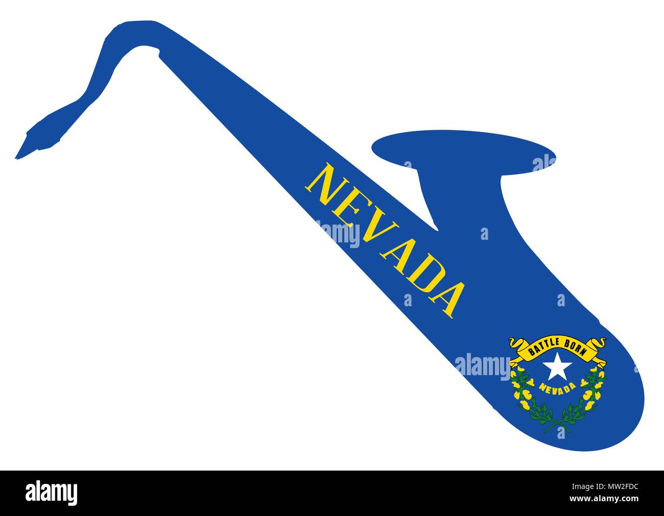 Silhouette of a saxophone with an impression the flag of the USA state of Nevada over a white background Stock Vector