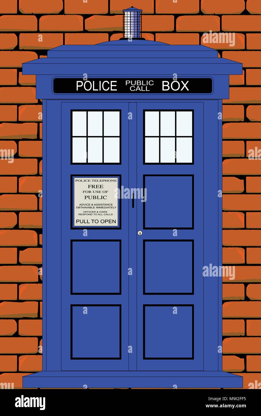 A traditional British police telephone box set against a typical old red brick wall Stock Vector