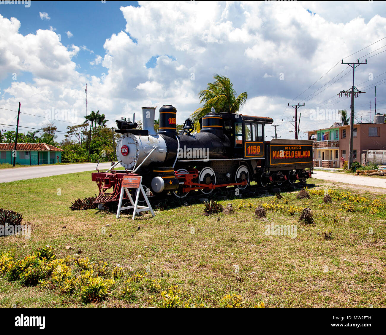 One of the 4-6-0 steam locomotives that used to work the Sugar Cane traffic outside the steam and sugar mill museum near Remedios, Cuba Stock Photo