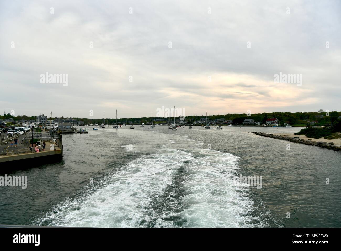 Boat wake from behind a island ferry in the Atlantic Ocean Stock Photo