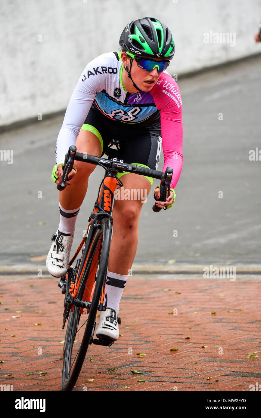 Savannah Morgan of team YRDP racing in the elite women's 2018 OVO Energy Tour Series cycle race at Wembley, London, UK. Round 7 bike race. Stock Photo