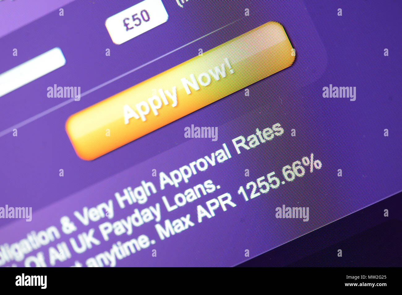 Screen shots of payday loans with there high APR rates and showing the high amount of interest to be repaid Stock Photo