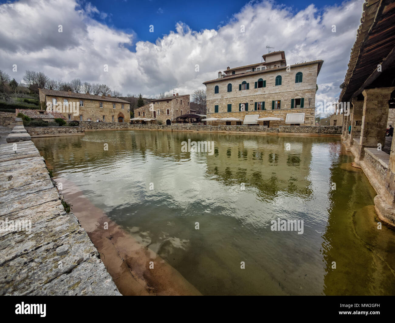 Thermal bath in the center of Bagno Vignoni, Tuscany Italy Stock Photo