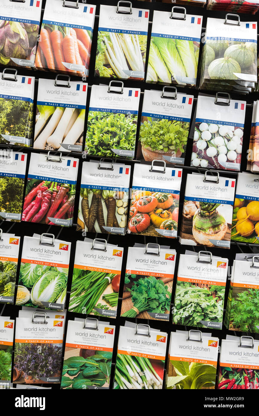 Packets of vegetable seeds on sale in a garden centre. Stock Photo