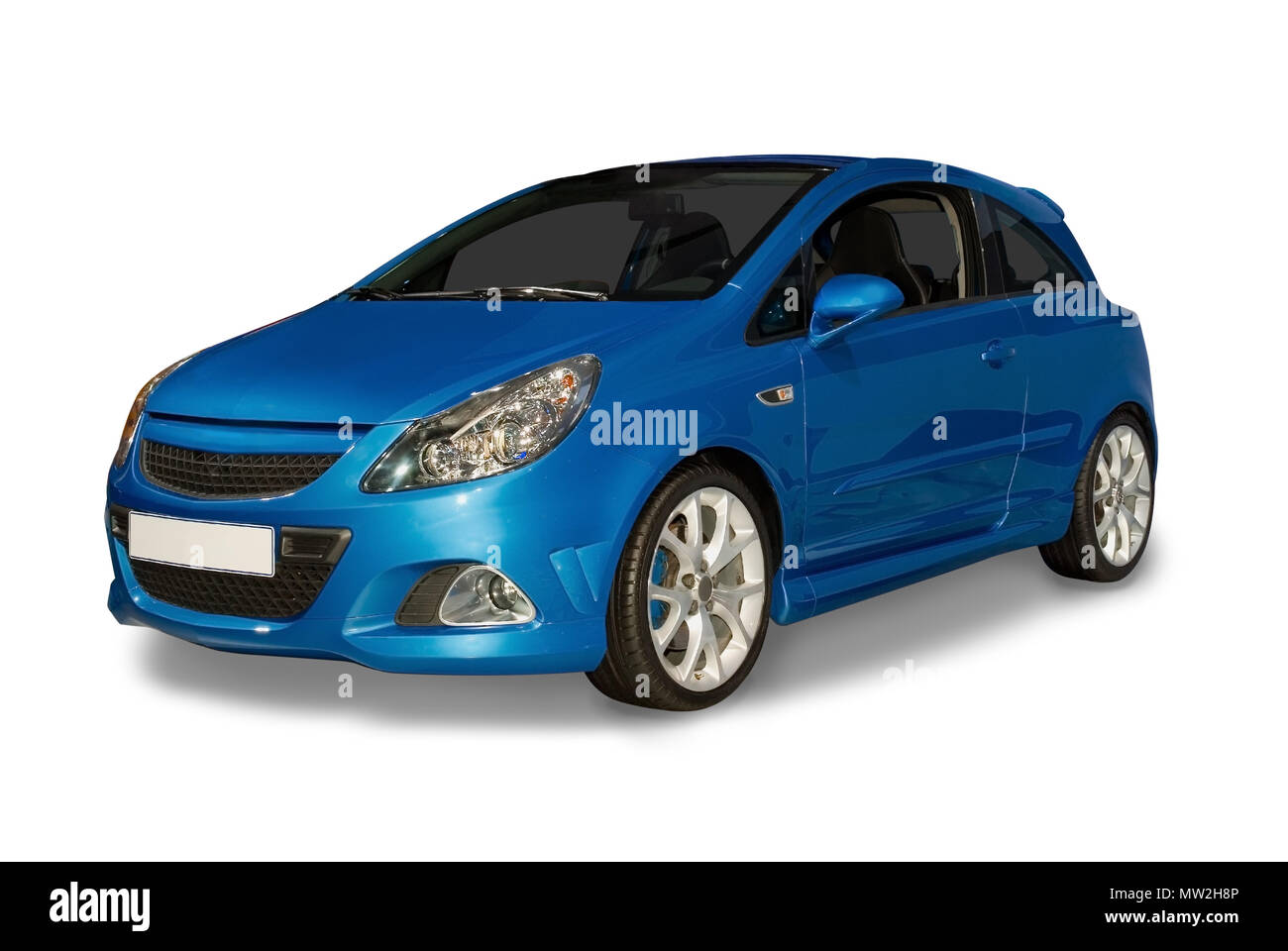 New fuel efficeint blue hybrid car. The smaller  hybrid cars are the future of the industry. Isolated on a white background with a shadow detail drawn Stock Photo