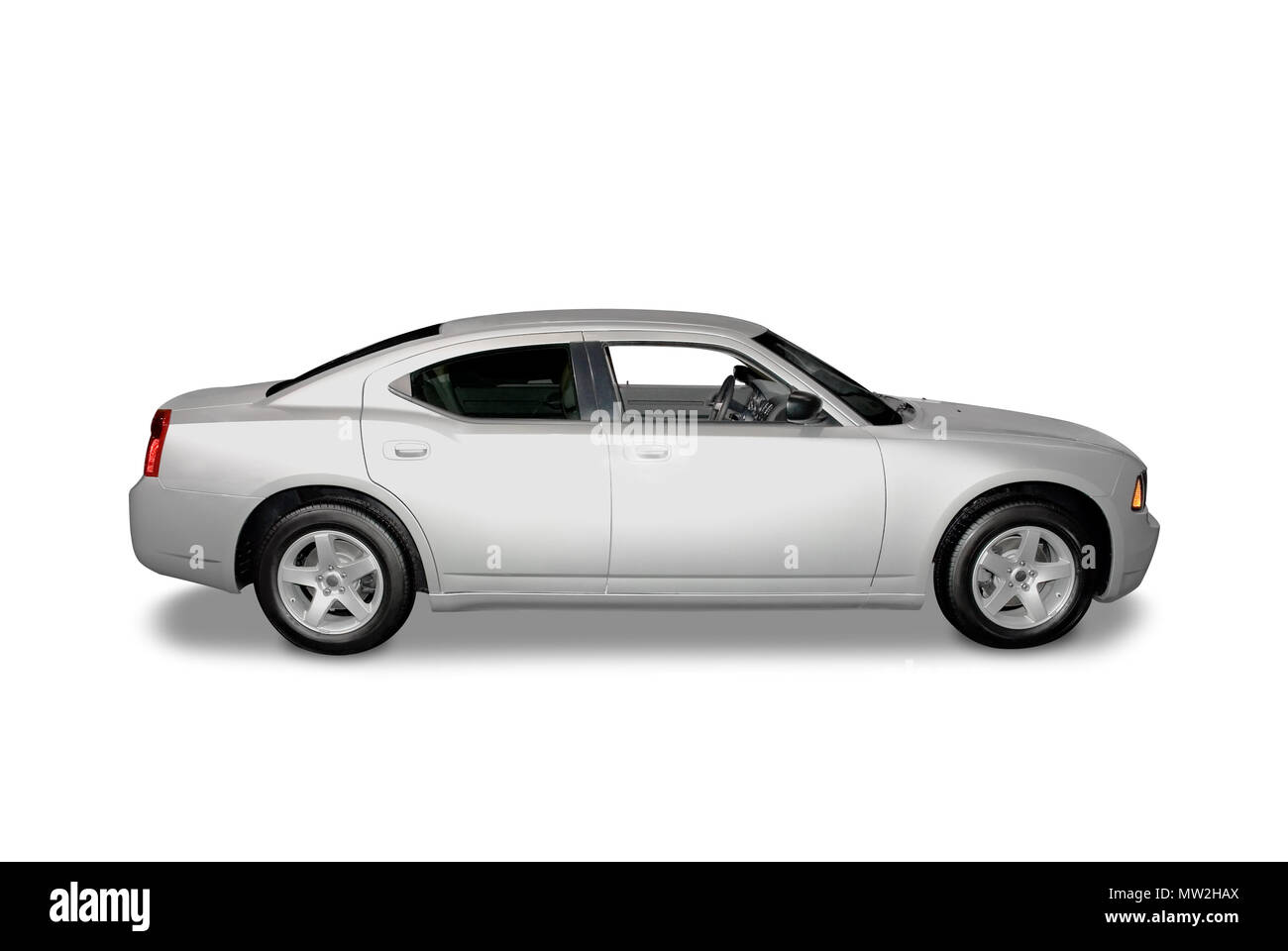 New silver colored  retro style car. The design is inspired by the old American muscle cars of the past. Isolated on a white background with a shadow  Stock Photo