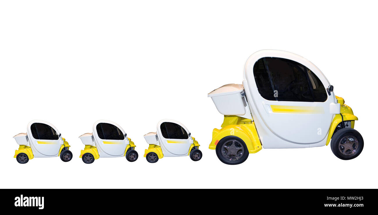 A group of modern looking cars. Made to look like a duck family with mom and three ducklings following behind. Isoalted on a white background. Many mo Stock Photo