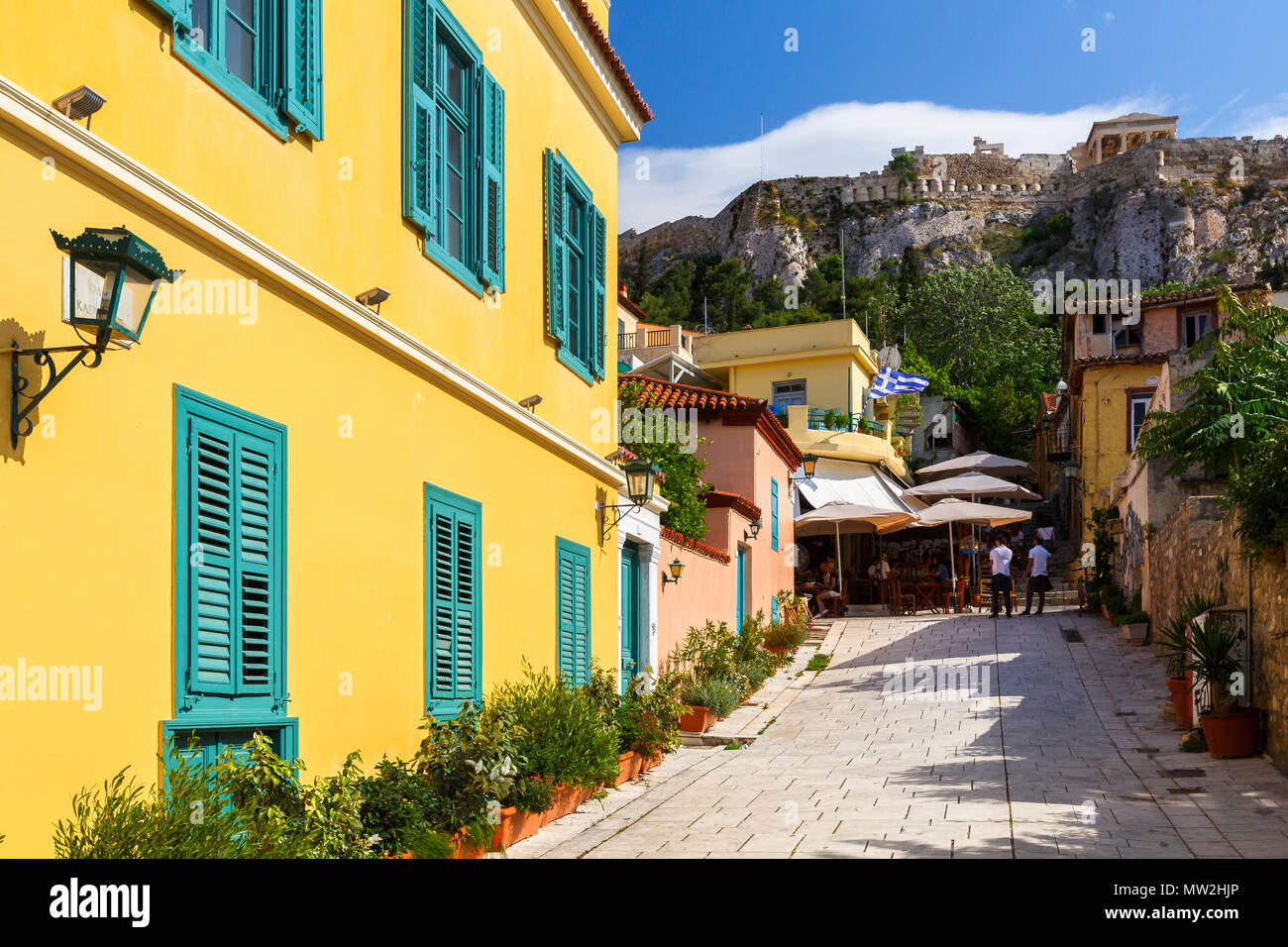 Athens, Greece - May 26, 2018: Neoclassical architecture in Plaka neighbourhood under Acropolis, Athens. Stock Photo