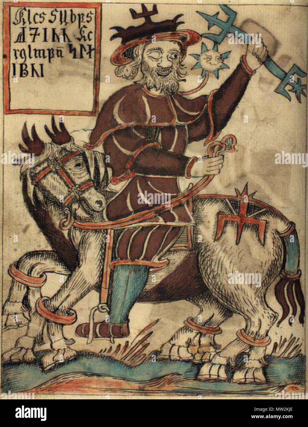 . An illustration of the god Odin on his eight-legged horse Sleipnir, from an Icelandic 18th century manuscript.  1760[1] . Ólafur Brynjúlfsson[2] 446 NKS 1867 4to, 97v, Odin on Sleipnir Stock Photo