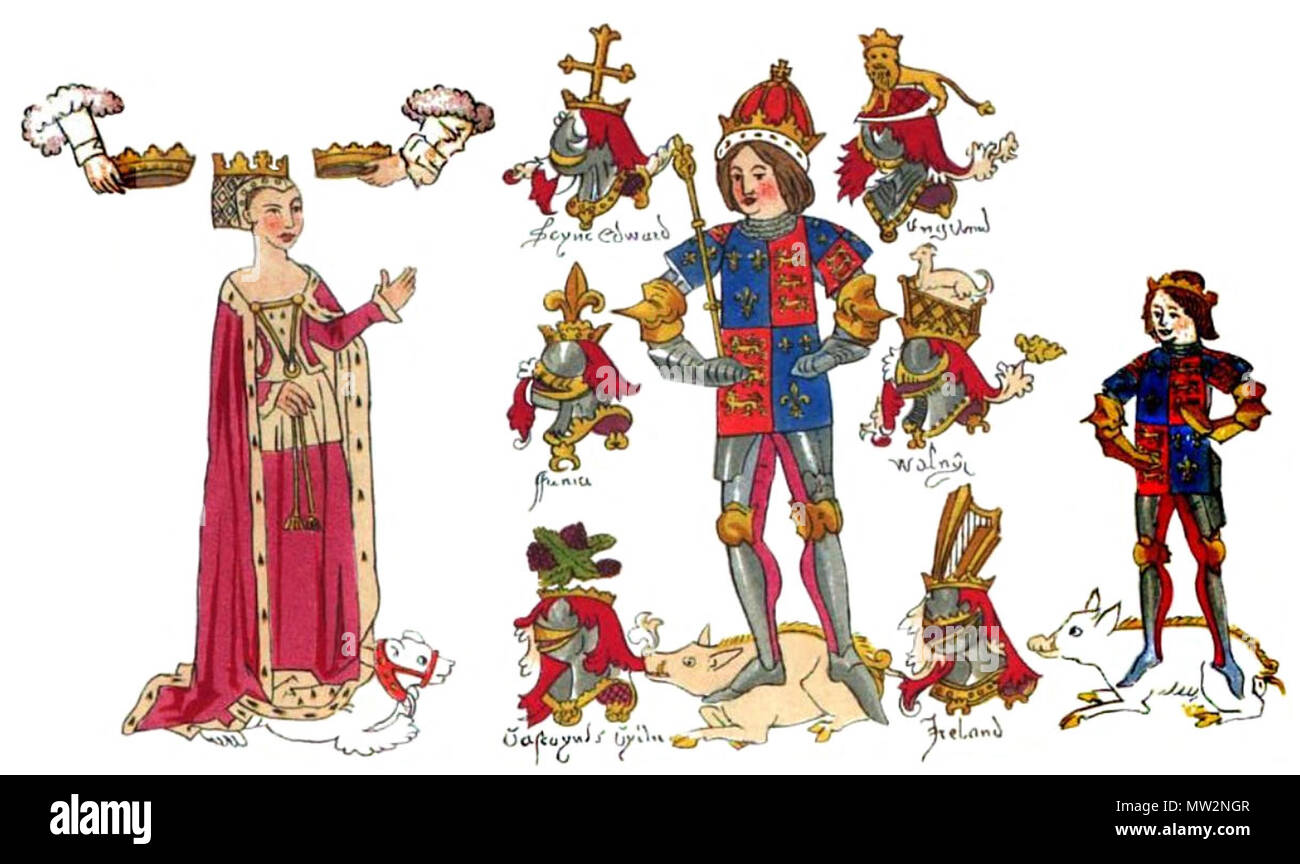 . Detail from the Rous Roll showing Richard III in the centre with his wife Anne Neville on the left and his son Edward, Prince of Wales on the right . 1483. John Rous 529 Rous Roll - Richard and family Stock Photo