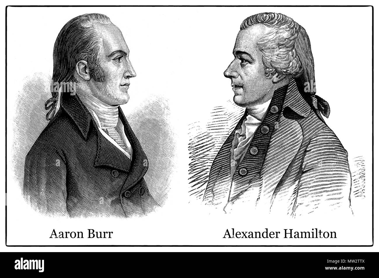 Pictured together are Aaron Burr and Alexander Hamilton who fought  a famous duel that led to Hamilton's death. Stock Photo