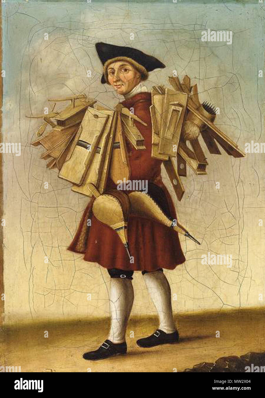 . Deutsch: Ausrufer mit Hobeln, Mäusefallen, Flachskämmen und Blasebalg, Öl auf Leinand, 32,5 x 23 cm . 18th or 19th century. Anonymous 64 Ausrufer mit Hobeln etc Stock Photo