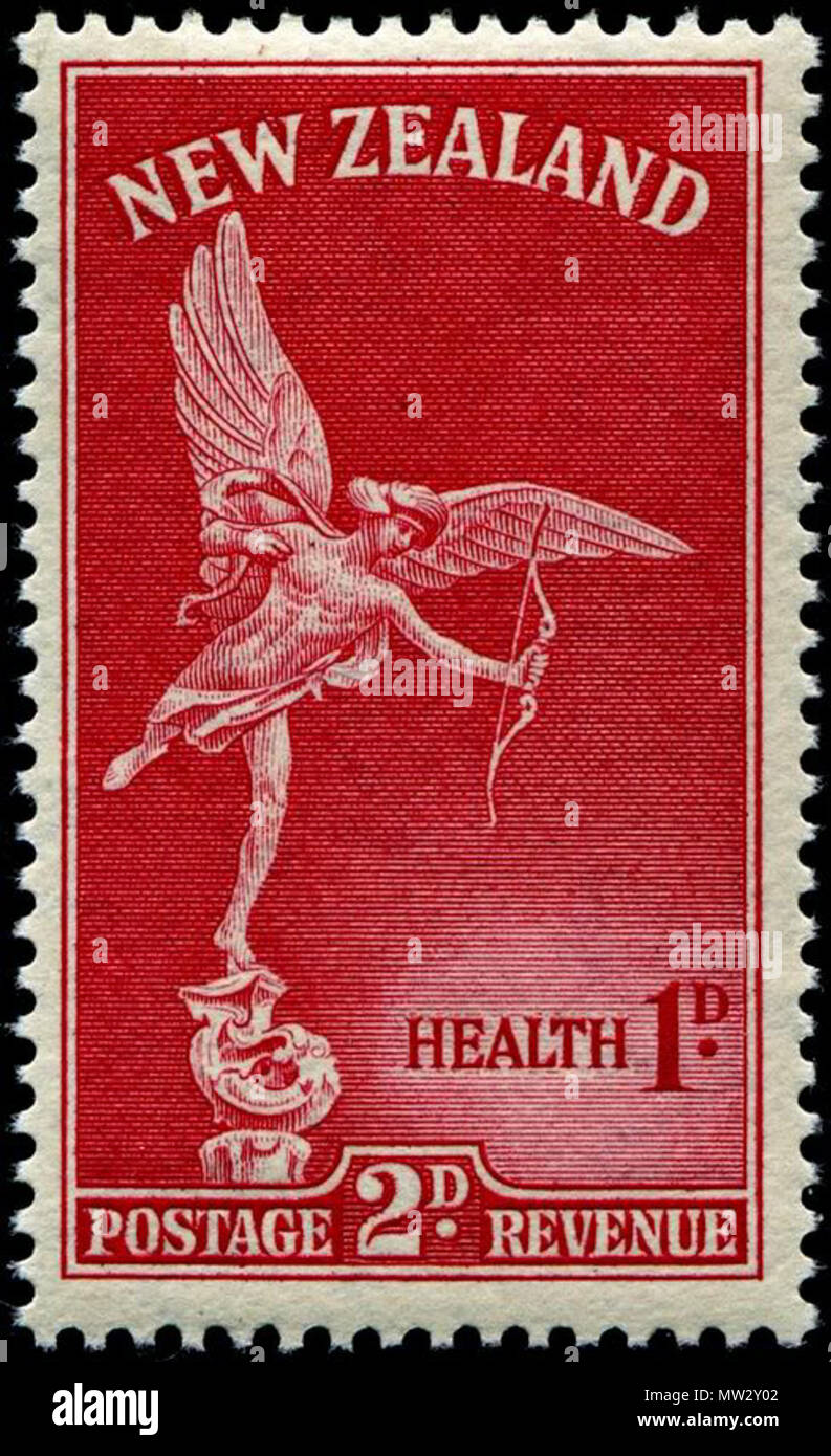 . English: New Zealand postage stamp depicting Anteros (one of the erotes) from a sculpture which surmounts the Shaftesbury Memorial fountain in London. Designed by James Berry and printed by Waterlow & Sons Ltd., and issued by New Zealand on October 1, 1947. 1 October 1947. Waterlow and Sons Ltd 13 1947 NZ Health Red stamp Stock Photo