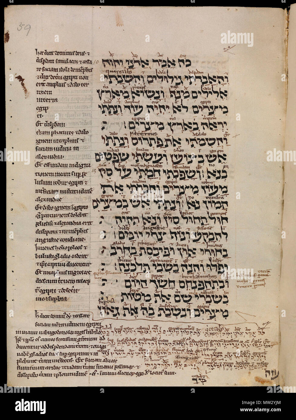 . English: The book of Ezekiel. English manuscript from early 13th century, 8 1/8 x 6 in. (20.6 x 15.2 cm), MS. Bodl. Or. 62, fol. 59a. This book functioned as study tool for Christian scholars. The Hebrew text was copied as in a Latin codex, from left to right. The text here is Ezekiel 30:13–18. A Latin translation appears in the margins with further interlineations above the Hebrew. These follow the order of the Hebrew, making it easier to match Hebrew and Latin words and to show grammatical structures. 13th century. Unknown 91 Book of Ezekiel Stock Photo