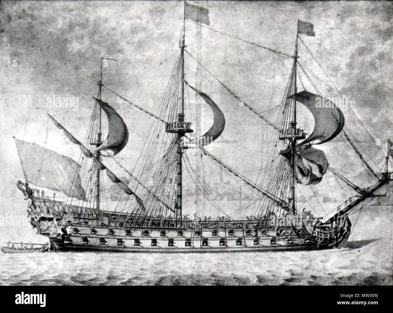 . French ship of the line, first rate . Contemporary drawing. Pierre ...