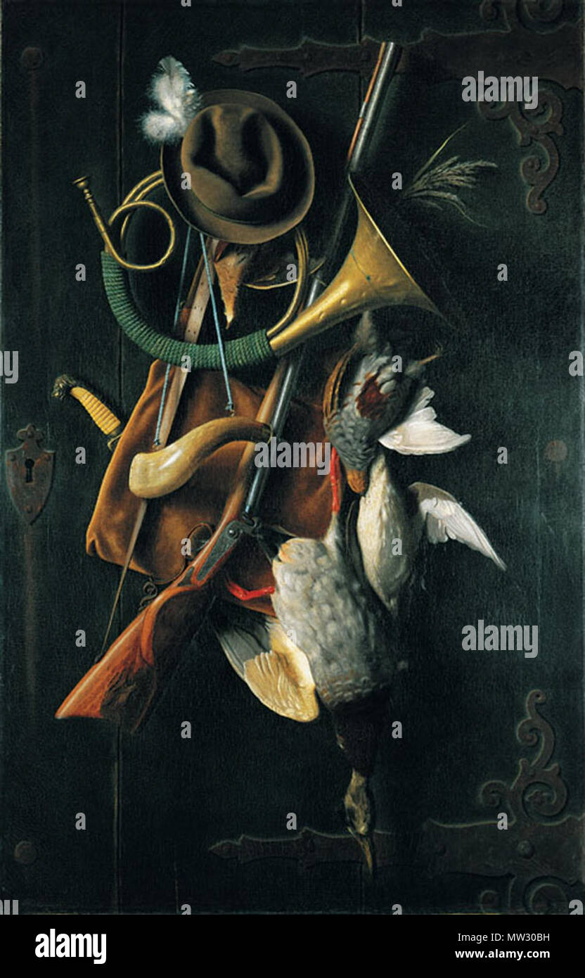 English: Trompe-l'œil painting by Willaim Michael Harnett . 26 August 2009,  06:15:12. William Michael Harnett 564 William Michael Harnett - After the  Hunt 1883 Stock Photo - Alamy