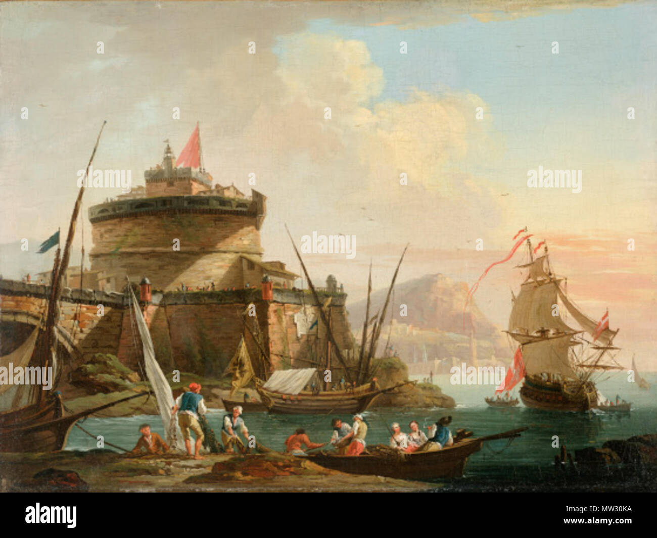 .  Français : Scène portuaire au coucher du soleil . 18th century. Lacroix 356 Lacroix Stock Photo