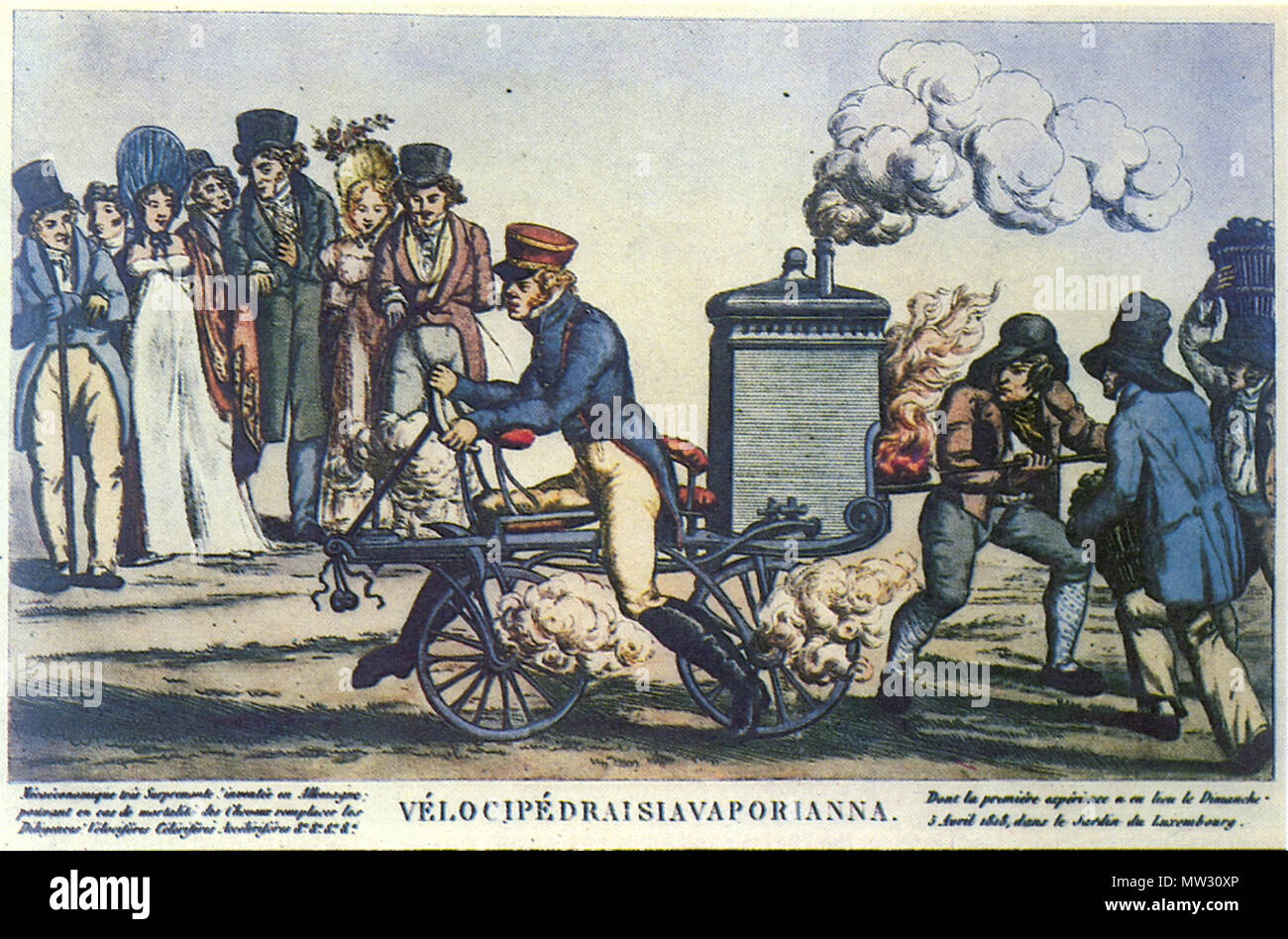 639 Vélocipédraisiavaporianna - 1818 engraving of steam hobby horse Stock Photo