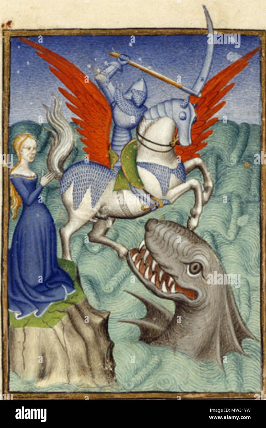 . Perseus, riding on Pegasus, kills the dragon to rescue Andromeda . 15th century. Anonymous 459 Othea's Epistle (Queen's Manuscript) 05 Stock Photo