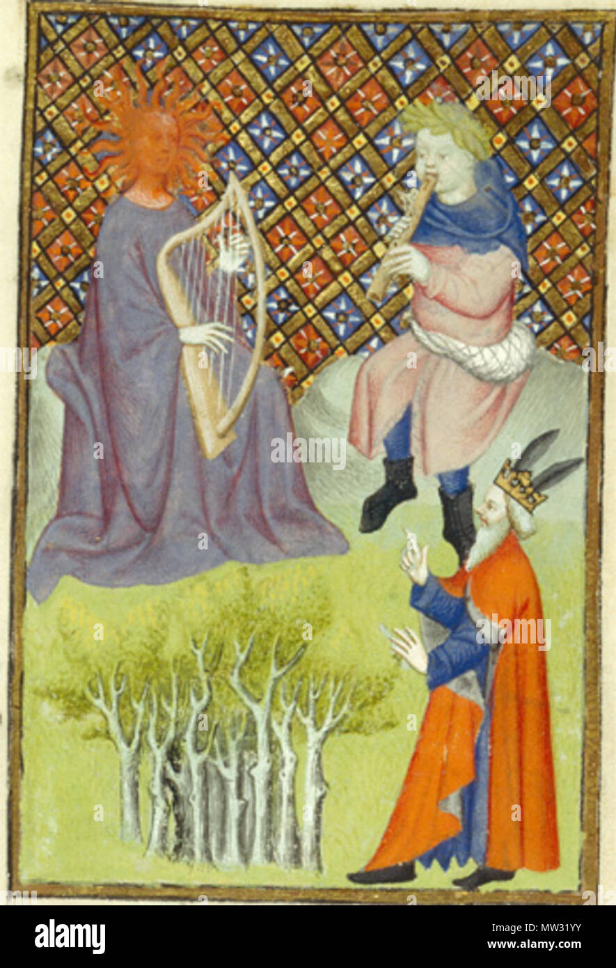 . Midas, with donkey's ears, judges the contest between Apollo and Pan . 15th century. Anonymous 459 Othea's Epistle (Queen's Manuscript) 27 Stock Photo