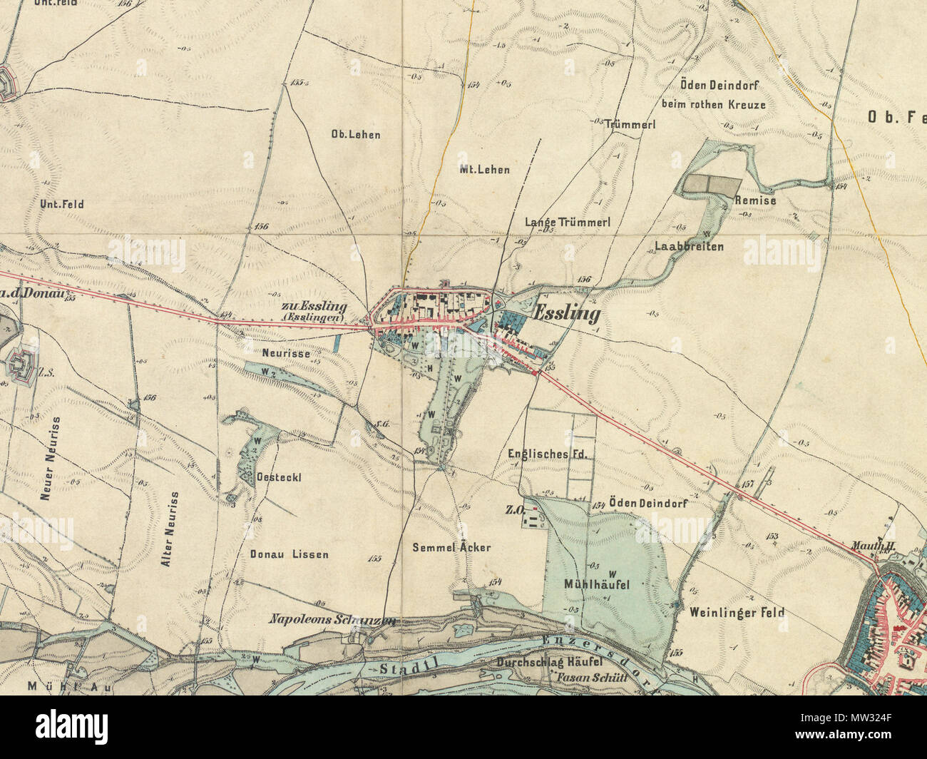 . English: Map of Essling near Vienna, 1873 Deutsch: Ausschnitt aus historischer Landkarte: Gradkartenblatt Zone 13 Colonne XV Section a2 (später 4757/1b). Hirschstetten, Aspern, Groß Enzerdsdorf. Franzisco-josephinische (3.) Landesaufnahme der österreichisch-ungarischen Monarchie. Aufnahmeblatt 1:12.500. Aufgenommen 1873 . circa 1873. Österreichisch-Ungarische Monarchie, Militärgeographisches Institut 356 LA3 1873 Essling Stock Photo