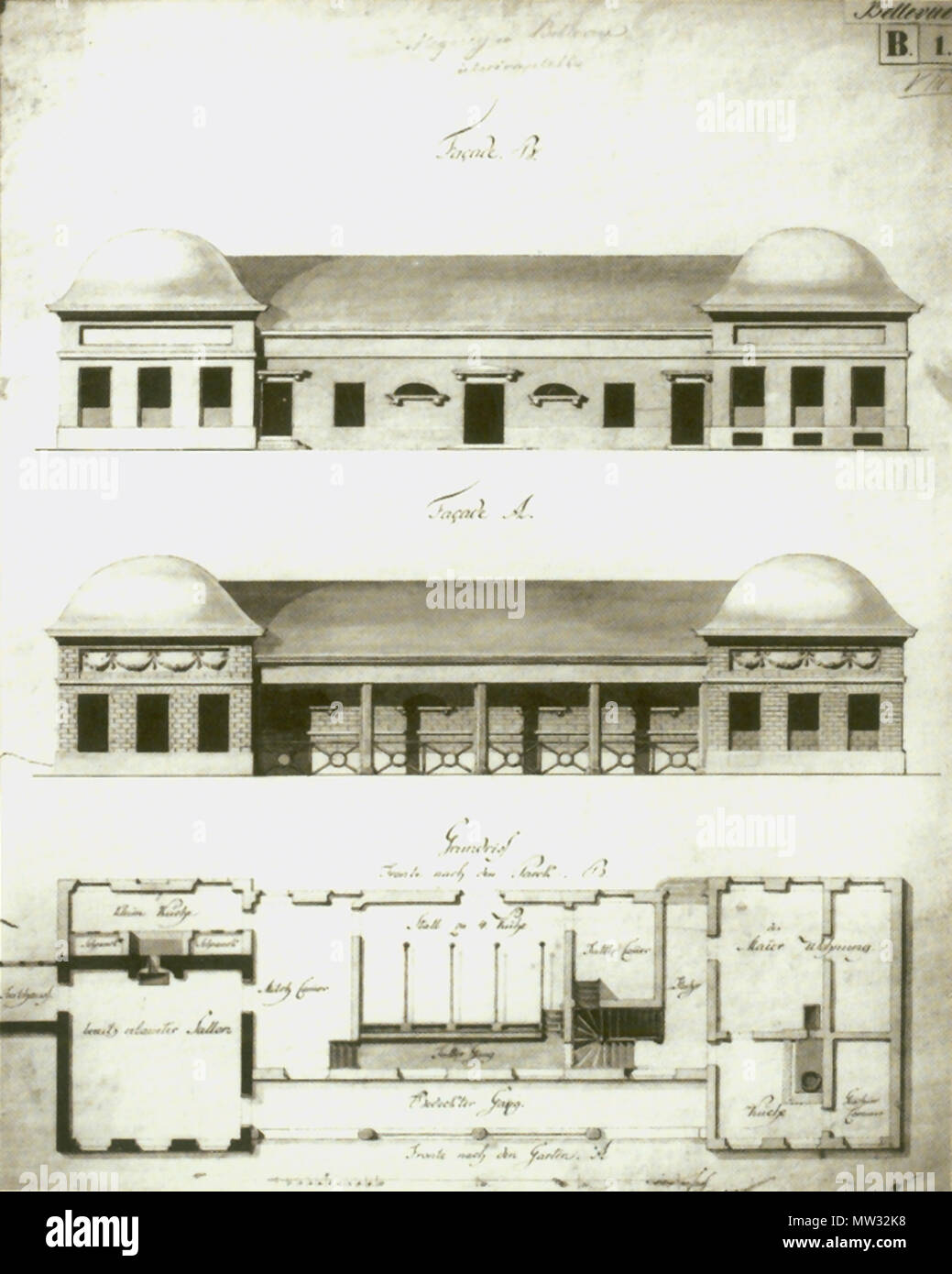 . Deutsch: David Gilly (?), Meierei Louisa, Alternativer Entwurf, um 1799. English: David Gilly (?), Louisa Dairy Barn, alternative design, ca. 1799. circa 1799. file: James Steakley; artwork: David Gilly (?) 154 David Gilly, Meierei Stock Photo