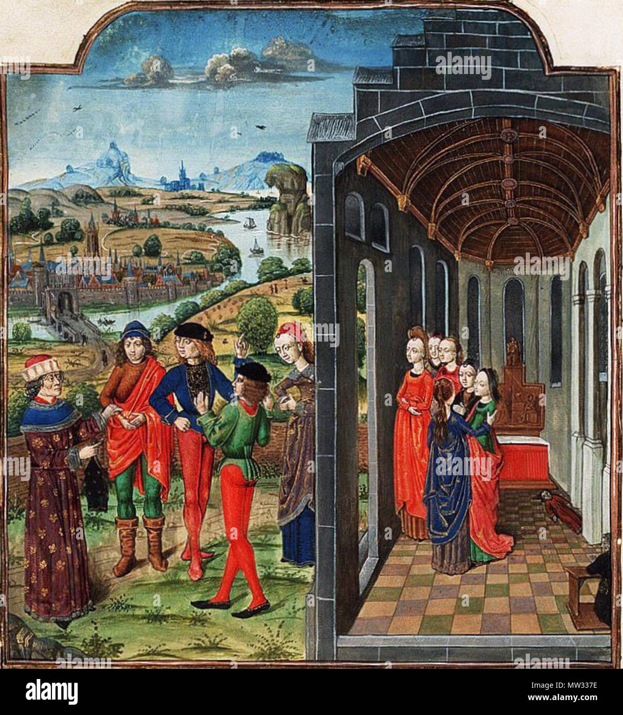 . English: Giovanni Boccaccio and Florentines who have fled from the plague Contents: Giovanni Boccaccio, Le Decameron. Translated from the Italian by Laurent de Premierfait Place of origin, date: Bruges, Master of 1482 and follower (illuminators); c. 1485 Material: Vellum, ff. 440, 457x334 (289x202) mm, 37 lines, littera hybrida, Binding: 18th-century brown leather; gilt; with coat of arms of Stadholder William V Decoration: 7 two-column miniatures (220/205x220/200 mm) with decorated initials; penwork initials with pen-flourishes (only ff. 2r-16v) Provenance: Philip of Cleves (d. 1528; signat Stock Photo