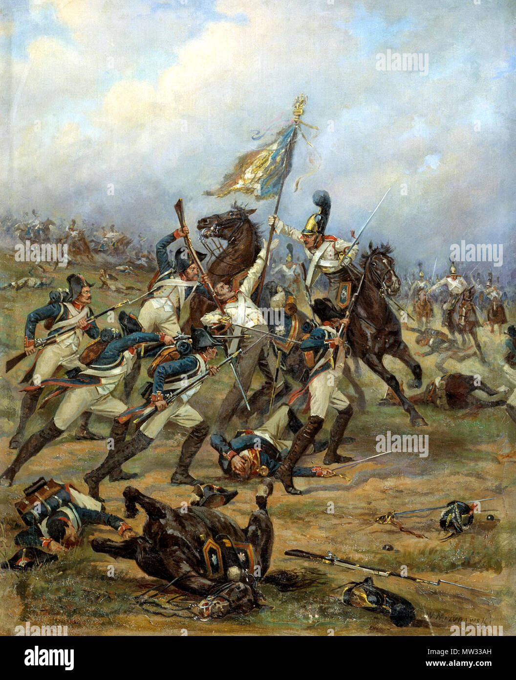 .  English: Fight for the banner (Feat of Cavalry Guard at the battle of Austerlitz). 1910-1912. Русский: Бой за знамя (Подвиг Конной Гвардии при Аустерлице). 1910-1912. .  English: Capture of a French regiment's eagle by the cavalry of the Russian guard at Austerlitz. The French lost only one eagle at the battle of Austerlitz and this happened when the Russian horse Guard caught the 4th Line regiment in the open and charged them. Русский: Захват лейб-гвардии Конным полком знамени 4-го французского линейного полка под Аустерлицем в 1805 году. 1910-12. Холст, масло. . between 1910 and 1912. Cre Stock Photo