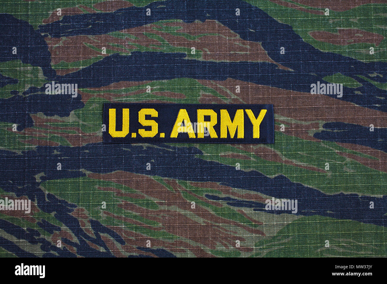 KIEV, UKRAINE - Sept 12, 2016. US ARMY branch tape on tiger stripe camouflage uniform Stock Photo