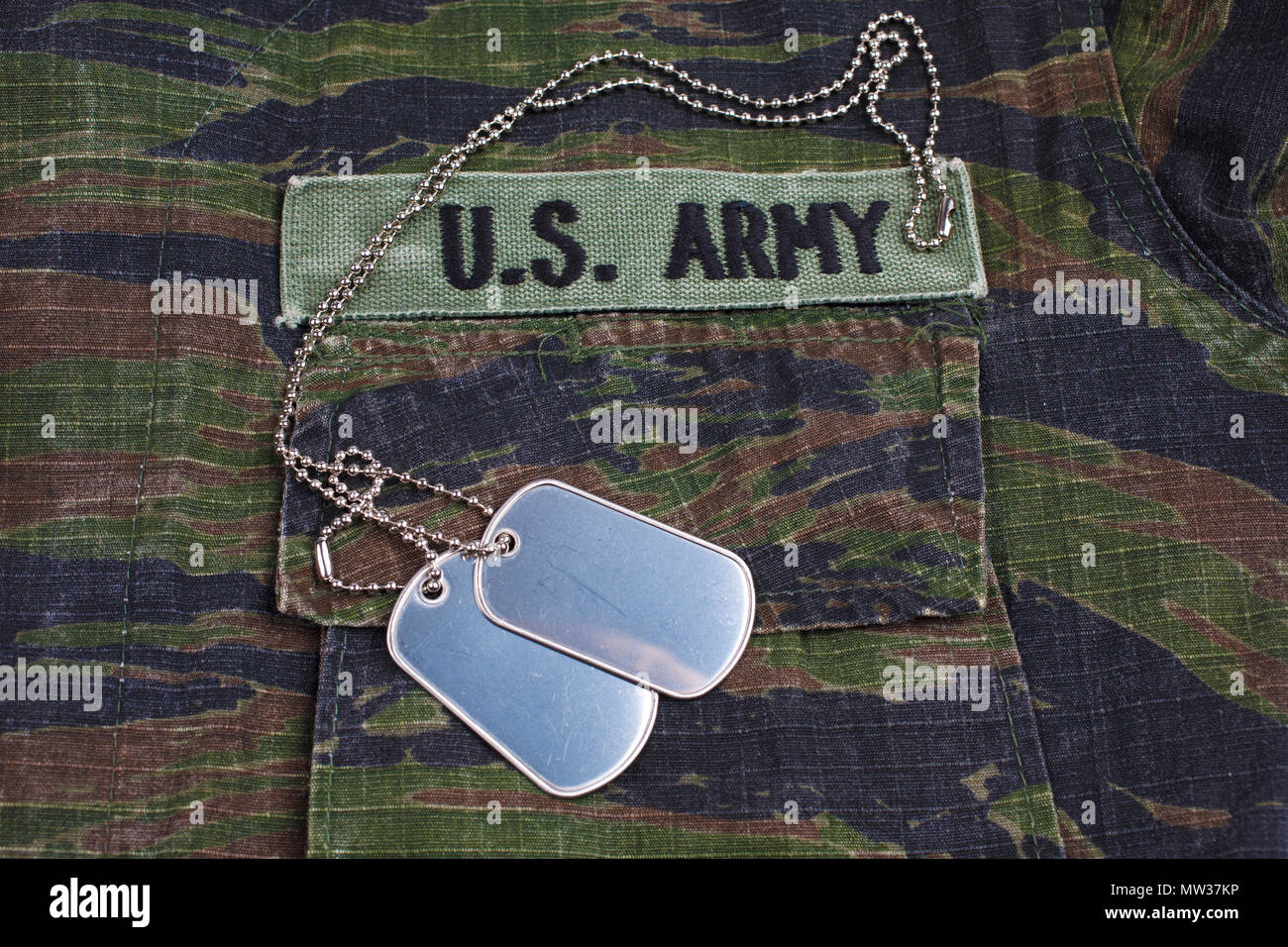 KIEV, UKRAINE - Sept 12, 2016. US ARMY branch tape and dog tags on tiger stripe camouflage uniform Stock Photo