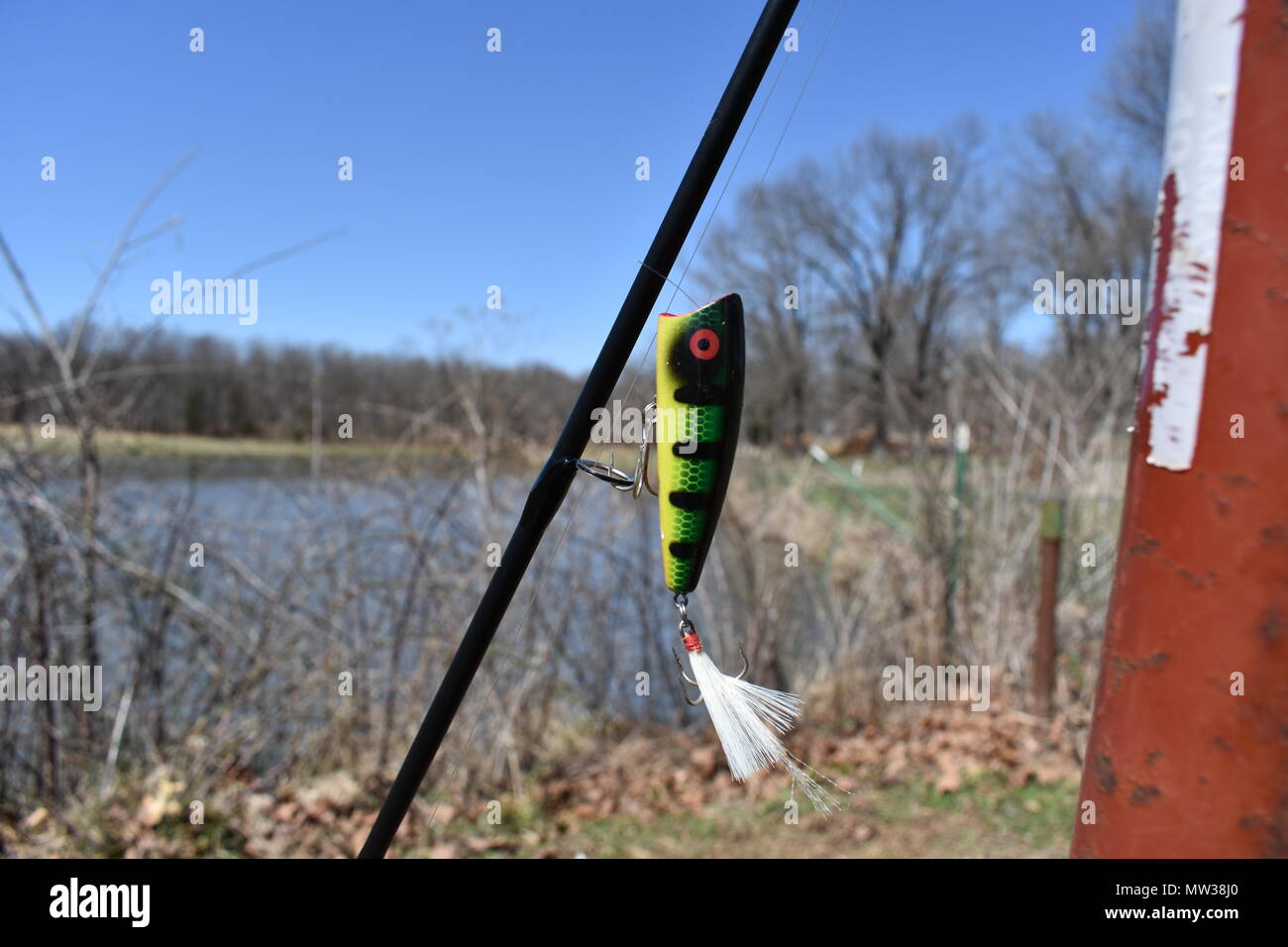 A close-up of a bass lure dangling from a fishing pole and a farm pond in the background calls to the fisherman. Missouri, MO, United States, US, USA Stock Photo