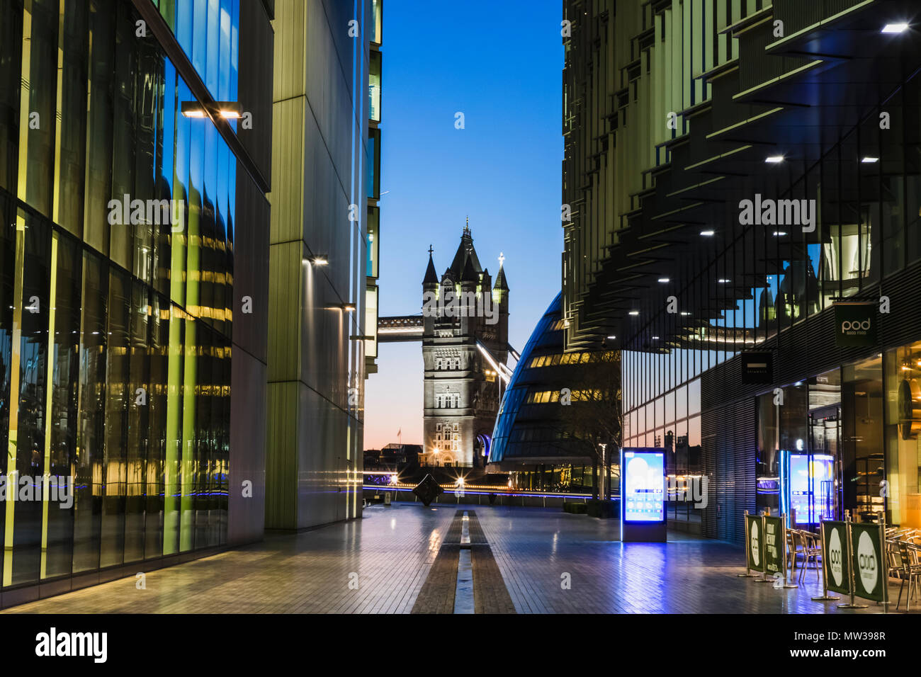 England, London, Southwark, London Bridge City, More London Riverside Offices and Tower Bridge Stock Photo