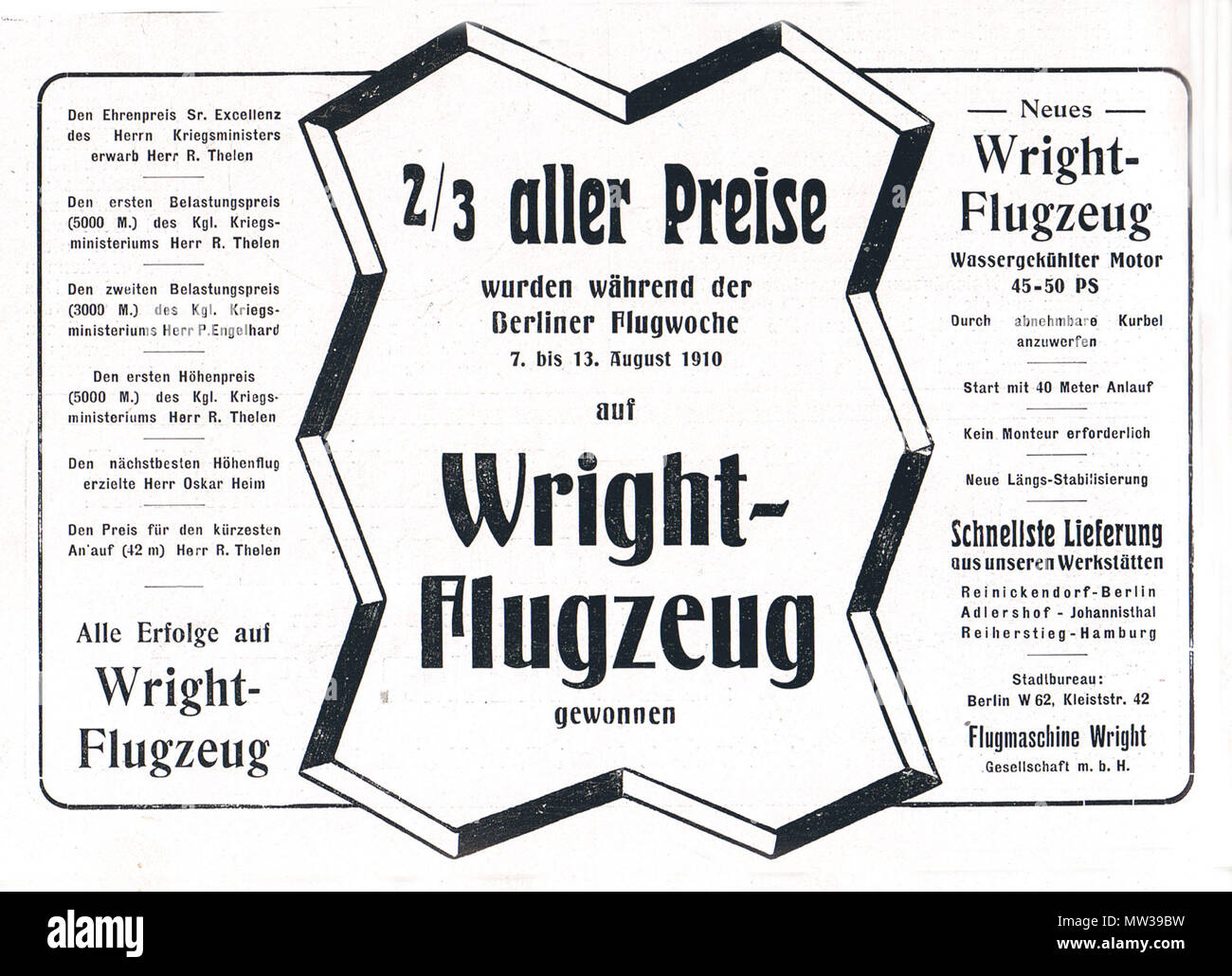 . English: advertisement of the Wright Company Berlin, Germany Deutsch: Anzeige der 'Flugmaschine Wright Gesellschaft m. b. H.', Berlin . 1910. Unknown 653 Wright anzeige1 Stock Photo