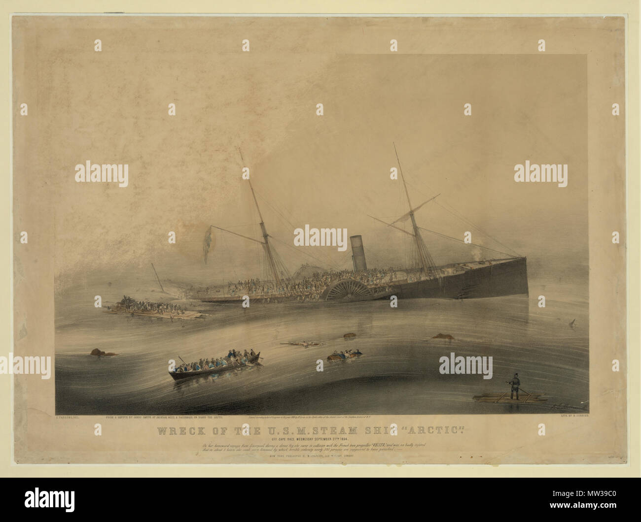 . English: Original caption: 'Wreck of the U.S.M. Steam Ship 'Arctic'. Off Cape Race Wednesday September 27th 1854. On her homeward voyage from Liverpool, during a dense fog, she came in collision with the French iron propeller 'VESTA,' and was so badly injured that in about 5 hours she sunk stern foremost by which terrible calamity nearly 300 persons are supposed to have perished.' . 1854. James E. Butterworth (artist) 653 Wreck of the U.S.M. steam ship &quot;Arctic&quot; (half-size) Stock Photo