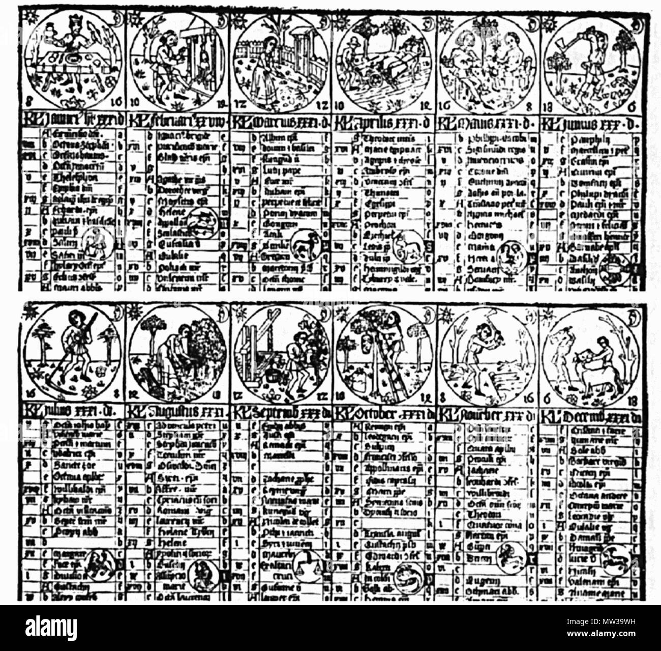 . Xylographischer Kalender von 1439 . 2. Hälfte 15. Jh. (!). Unknown 656 Xylographischer Kalender - Ausschnitte Stock Photo