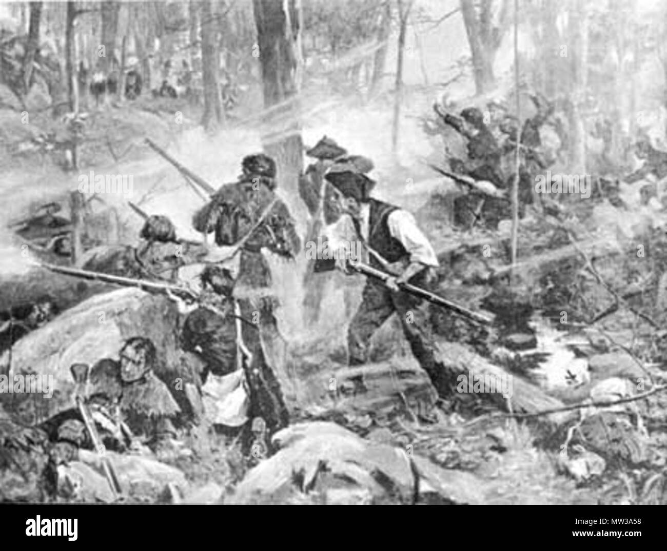 . English: The Battle of Kings Mountain depicts colonial riflemen advancing on the British position. Unknown date. F.C. Yohn 657 Yohn Battle of Kings Mountain Stock Photo
