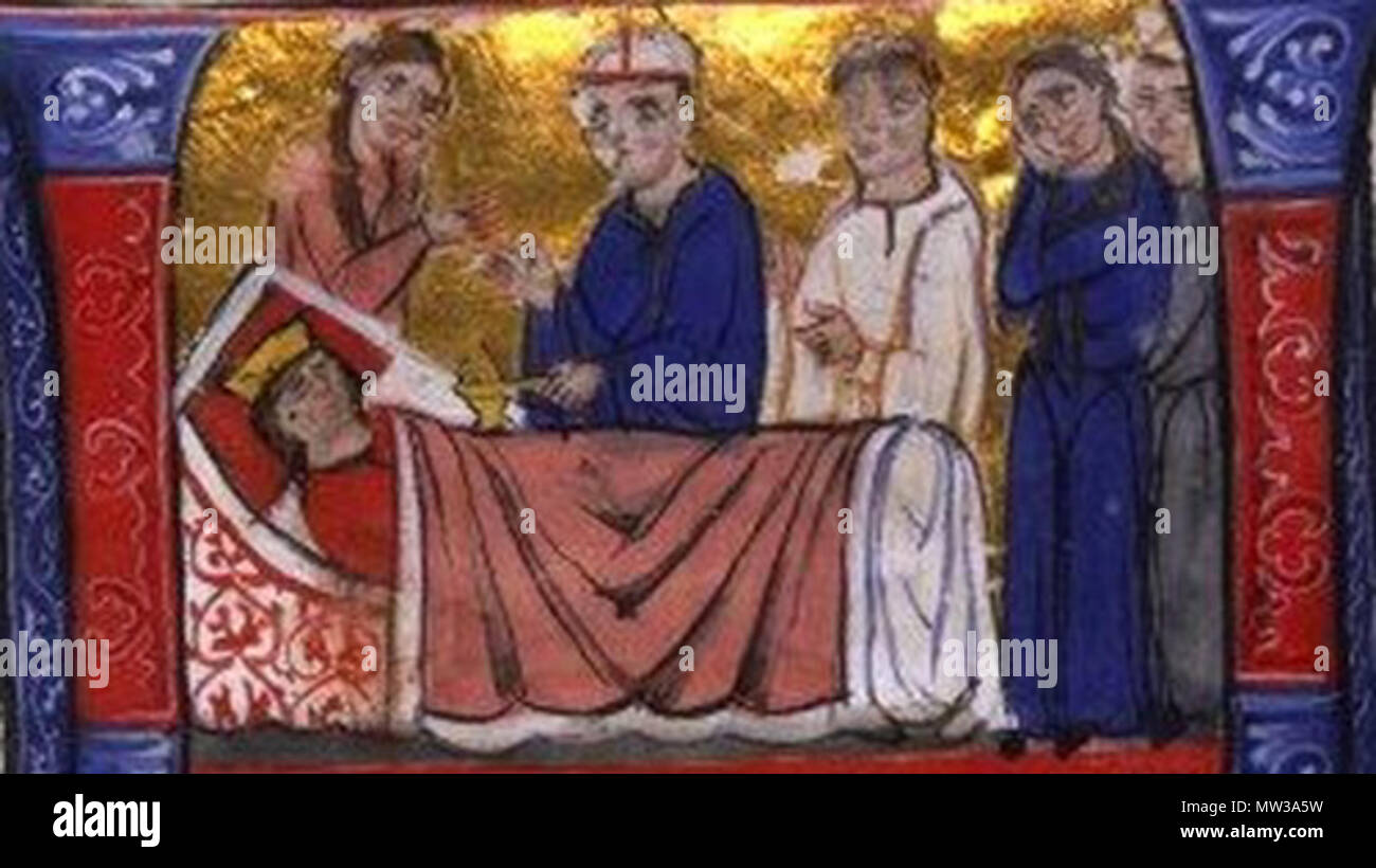 . Français : Mort d'Isabelle de Brienne et Frédéric II quittant Brindisi . 13th century. Anonymous 657 Yolande-death Stock Photo