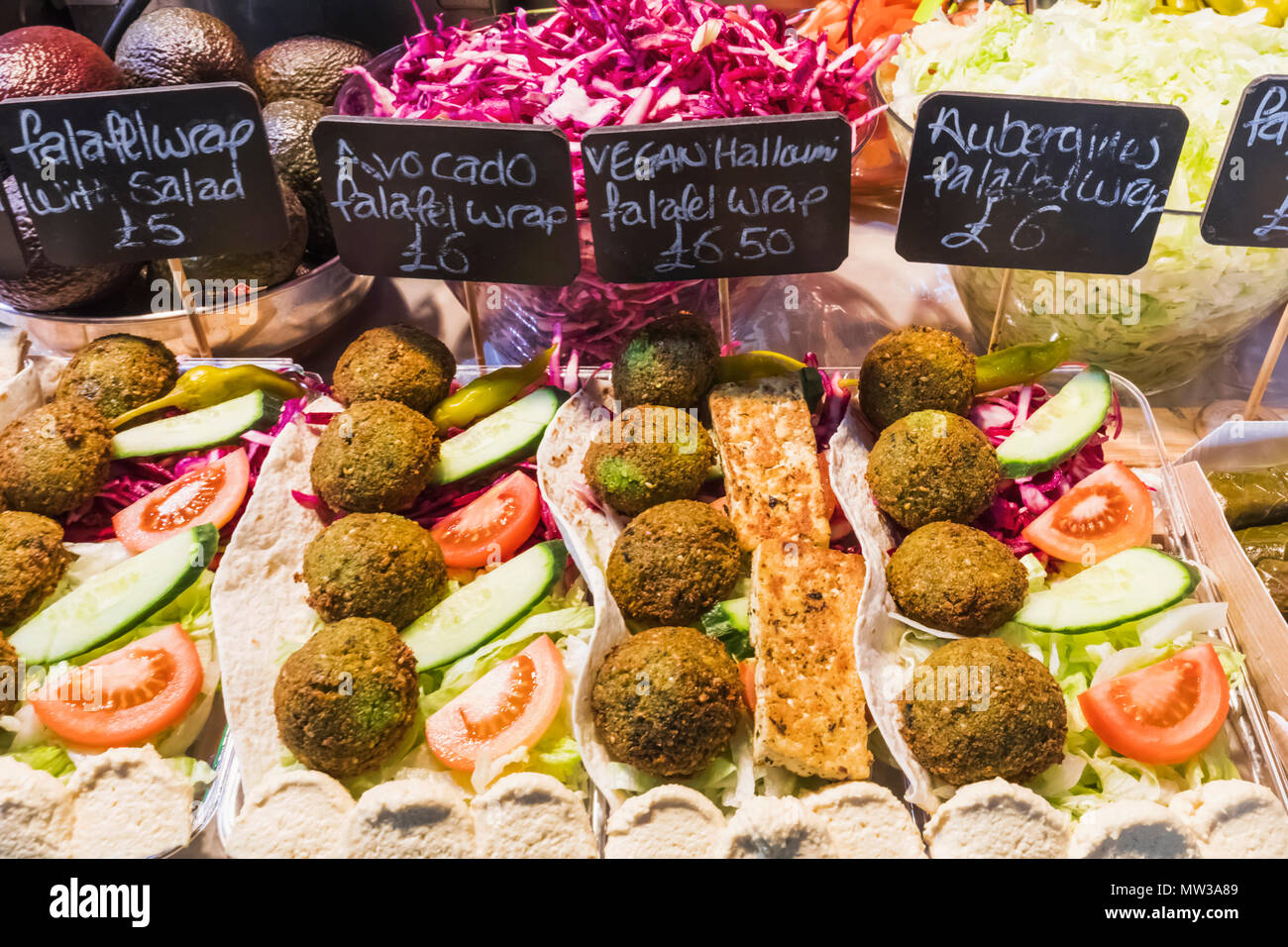 England, London, Shoreditch, Brick Lane, Street Food Stall Display of