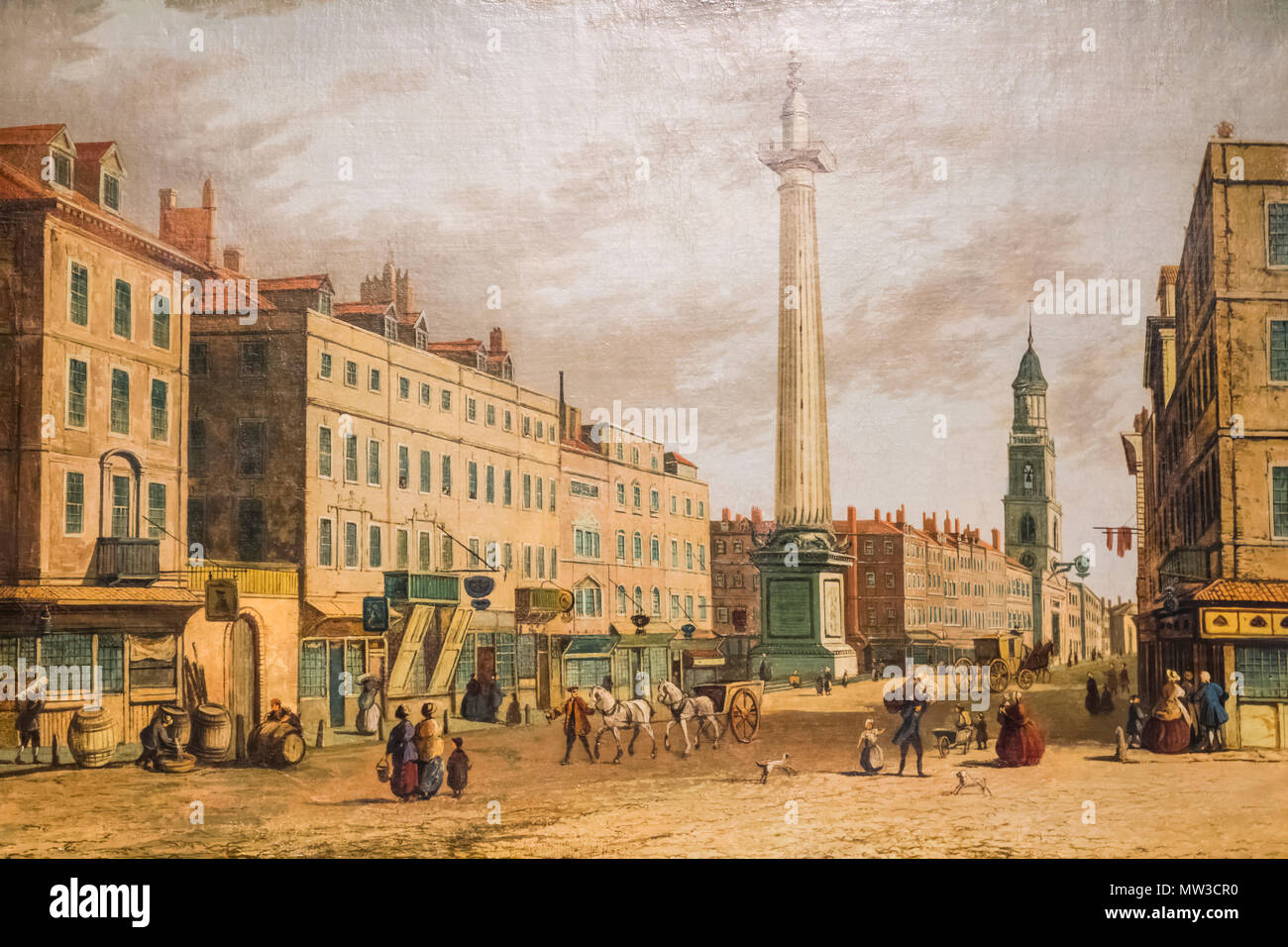 England, London, City of London, Guildhall, Guildhall Art Museum, Painting of The Monument from Gracechurch Street in The City of London by Canaletto Stock Photo