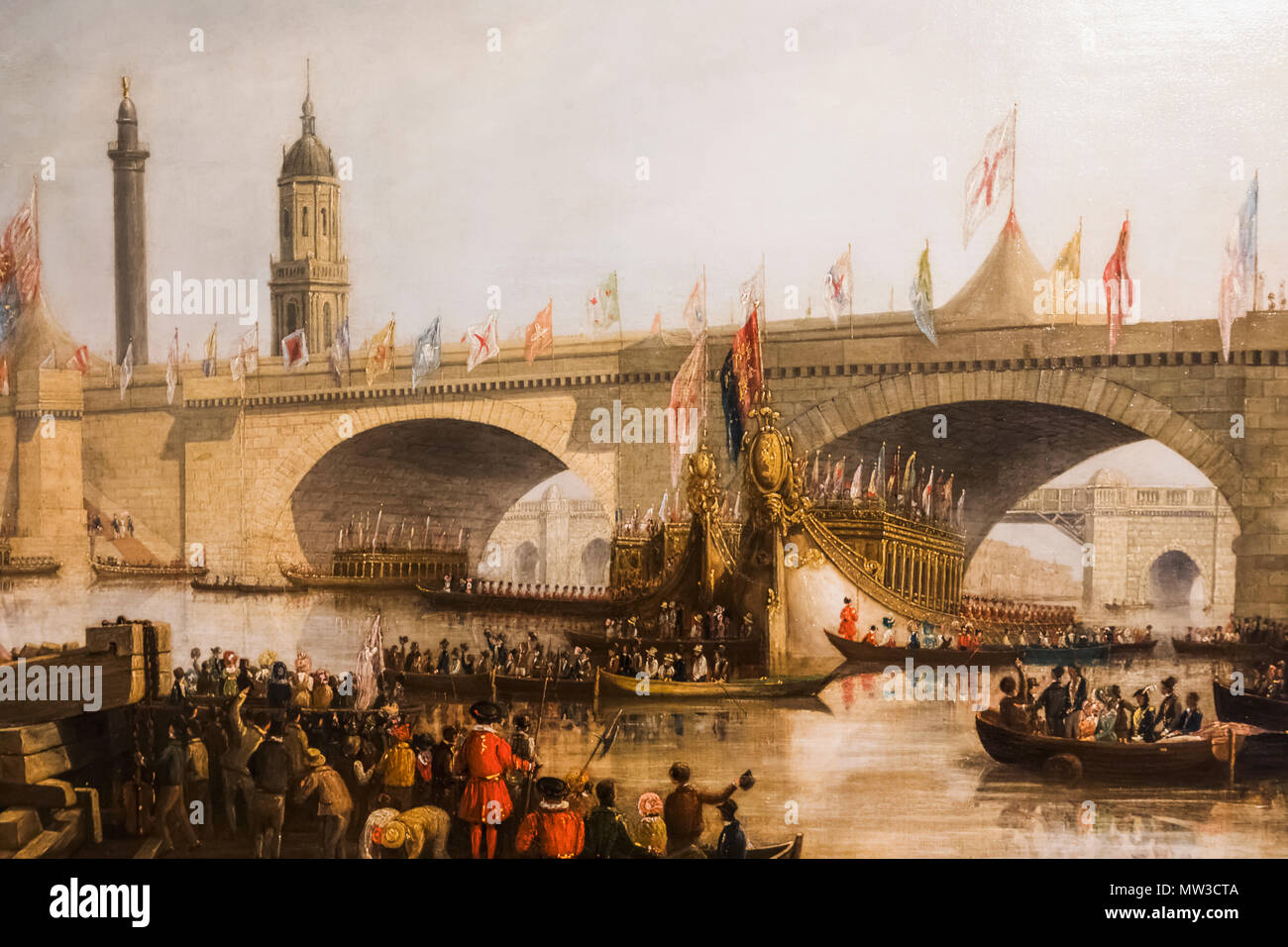 England, London, City of London, Guildhall, Guildhall Art Museum, Painting of The Opening of London Bridge by William IV on 1st August 1831 by Clarkso Stock Photo