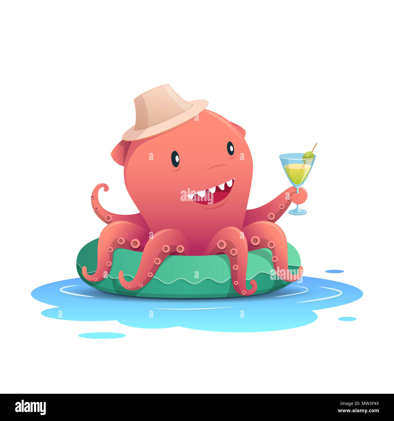 Cute red octopus holding a cocktail summer drink glass on the green inflatable swim ring, summer holiday concept. Vector illustration Stock Photo