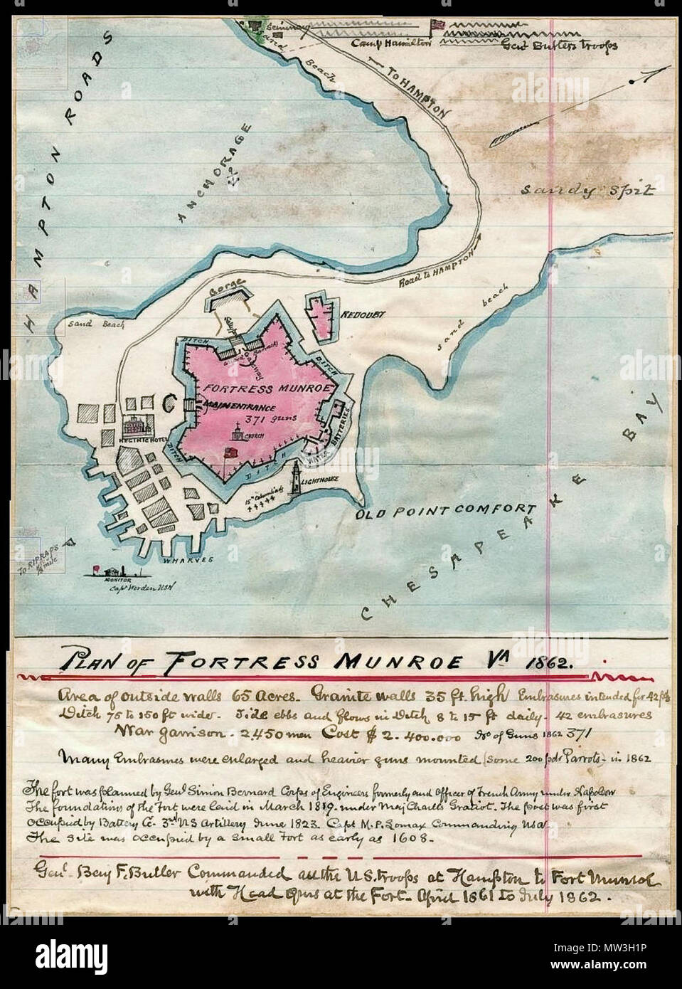 . English: Pen and ink hand-drawn map of Fort Monroe, Virginia, 1862 . 1862. Robert Knox Sneden 212 Fort Monroe Map Stock Photo