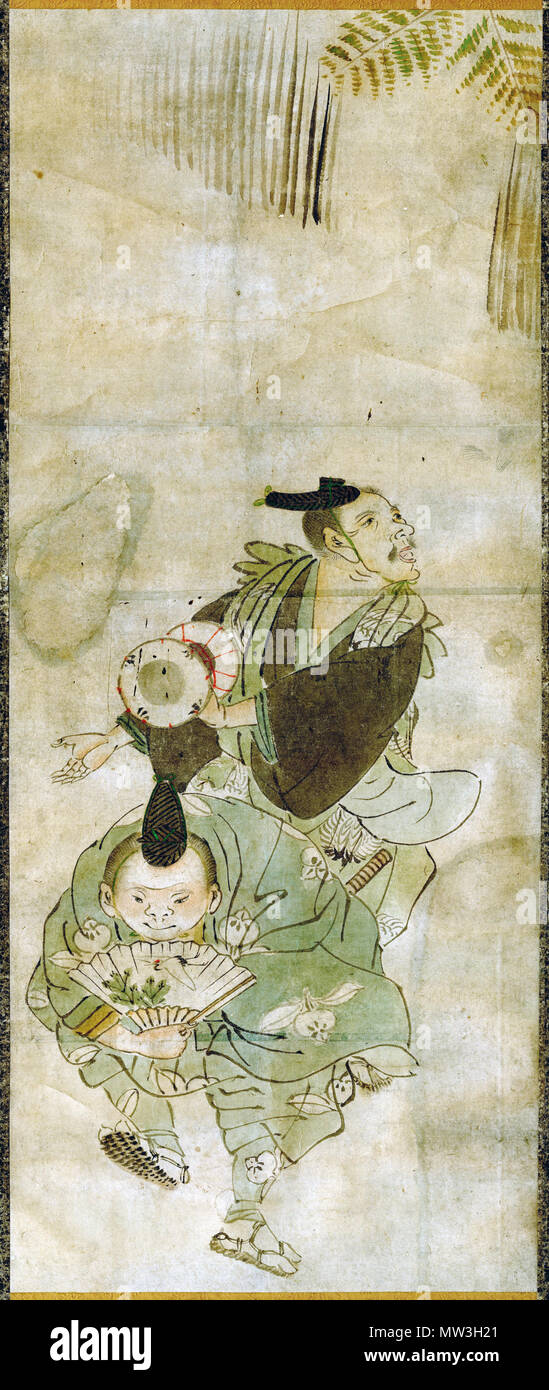. English: Scroll-mounted painting depicting a traditional Japanese 2-man comedy team know as 'manzai' (generic term), at a period New Year celebration. Ink & watercolours(?) on paper. Unsigned (or sign/seal lost as a result of damage/removal), artist unknown. Japan, late 19th century or earlier. 18?? (original painting). self-authored scan, painting by unknown artist (unsigned) 392 Manzai by unknown artist - wittig collection Stock Photo