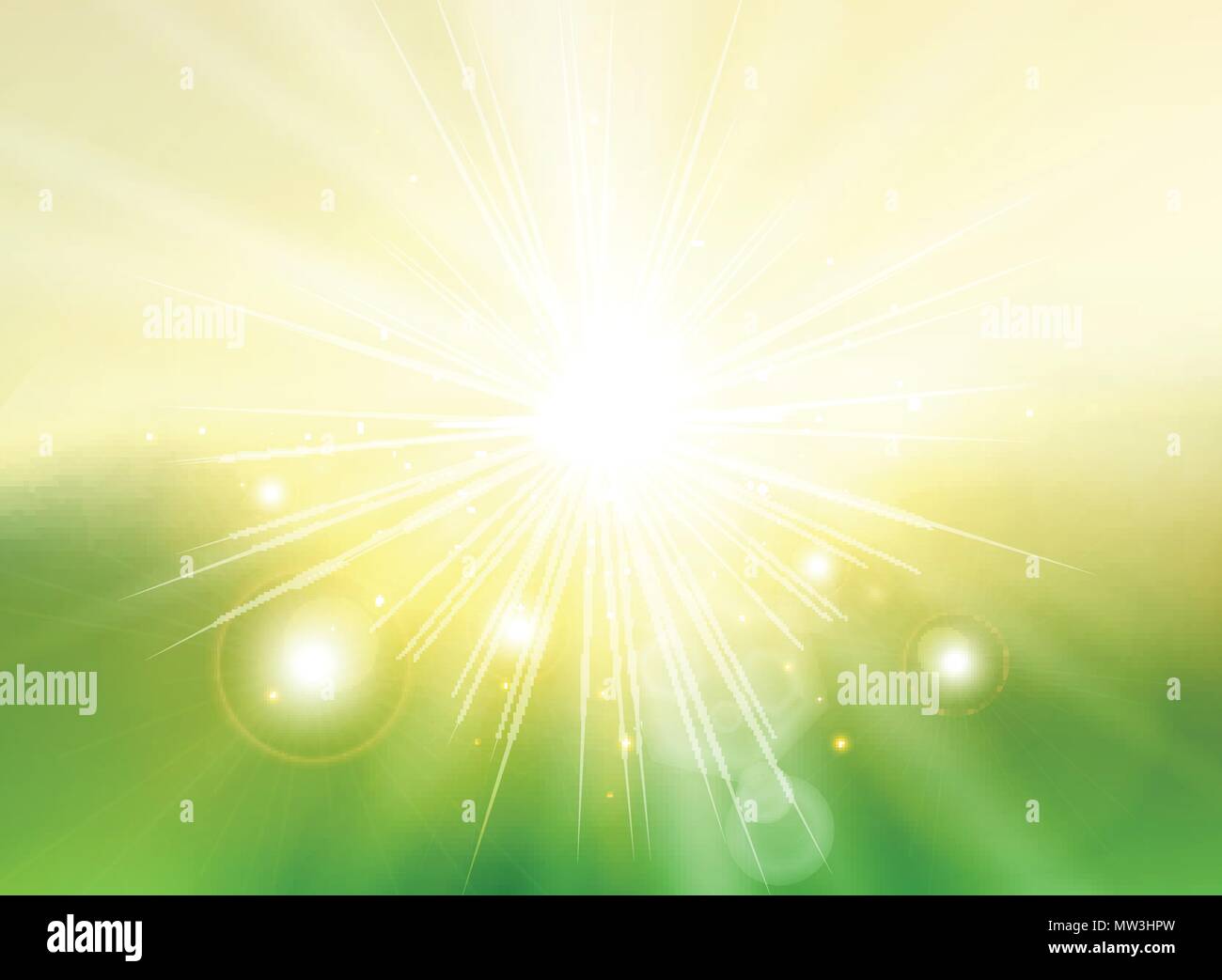 Sky with sunlight rays twilight blurred green gradient abstract background landscape. Spring summer. Vector illustration Stock Vector