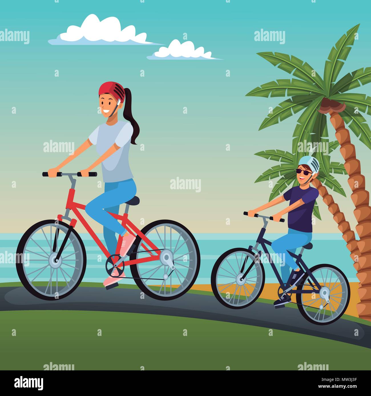 Couple Riding Bikes At Beach Couple Riding Bikes At Beach