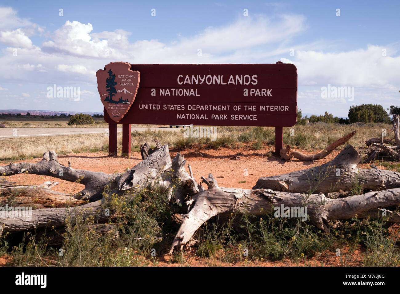 A horizontal composition of the entrance welcome sign to Canyonlands NP USA Stock Photo