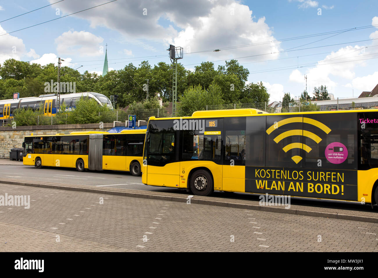 Local transport bus, with free Wi-Fi offer on board and USB charging plug, the Ruhrbahn GmbH, transport companies of the cities of Essen and Mülheim a Stock Photo