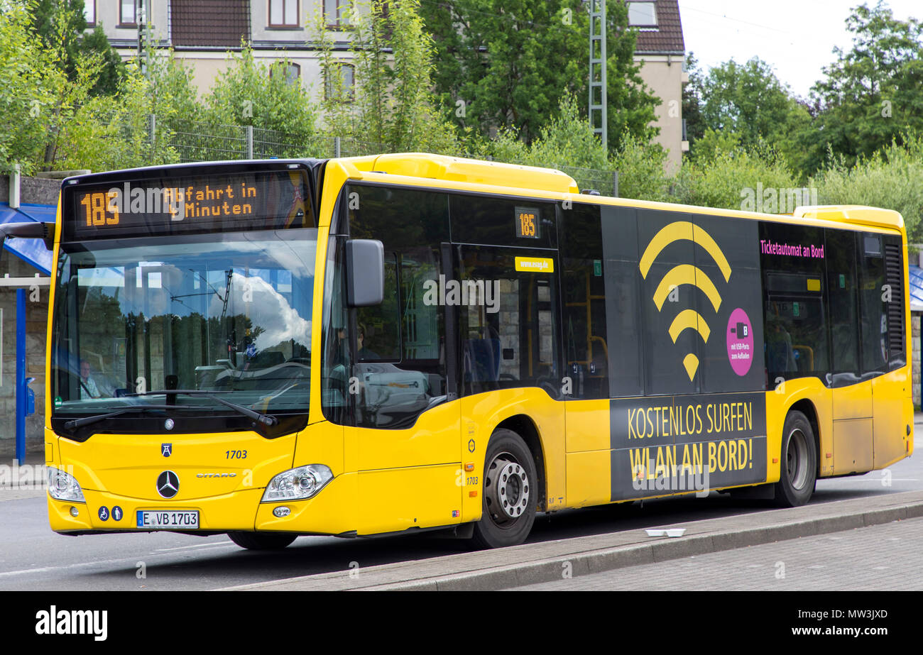 Local transport bus, with free Wi-Fi offer on board and USB charging plug, the Ruhrbahn GmbH, transport companies of the cities of Essen and Mülheim a Stock Photo