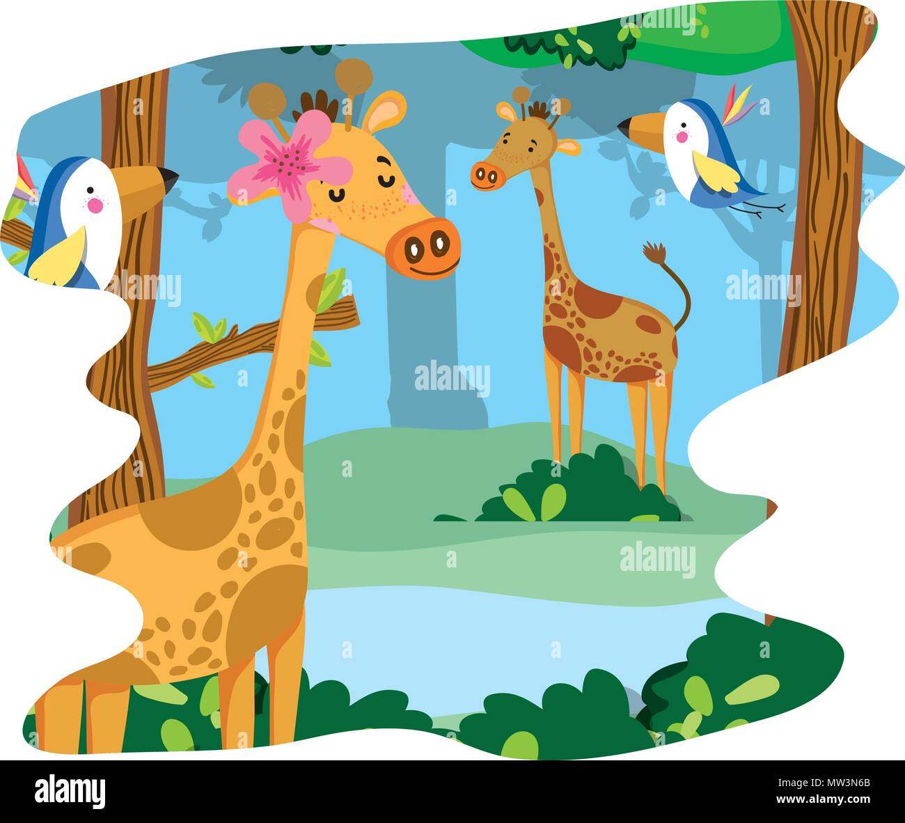 nice giraffes and birds wild animal in the forest Stock Vector Image ...