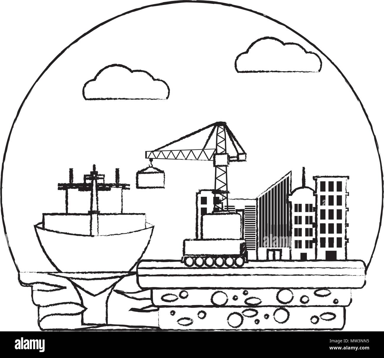grunge ship transport and crane with container cargo Stock Vector Image ...